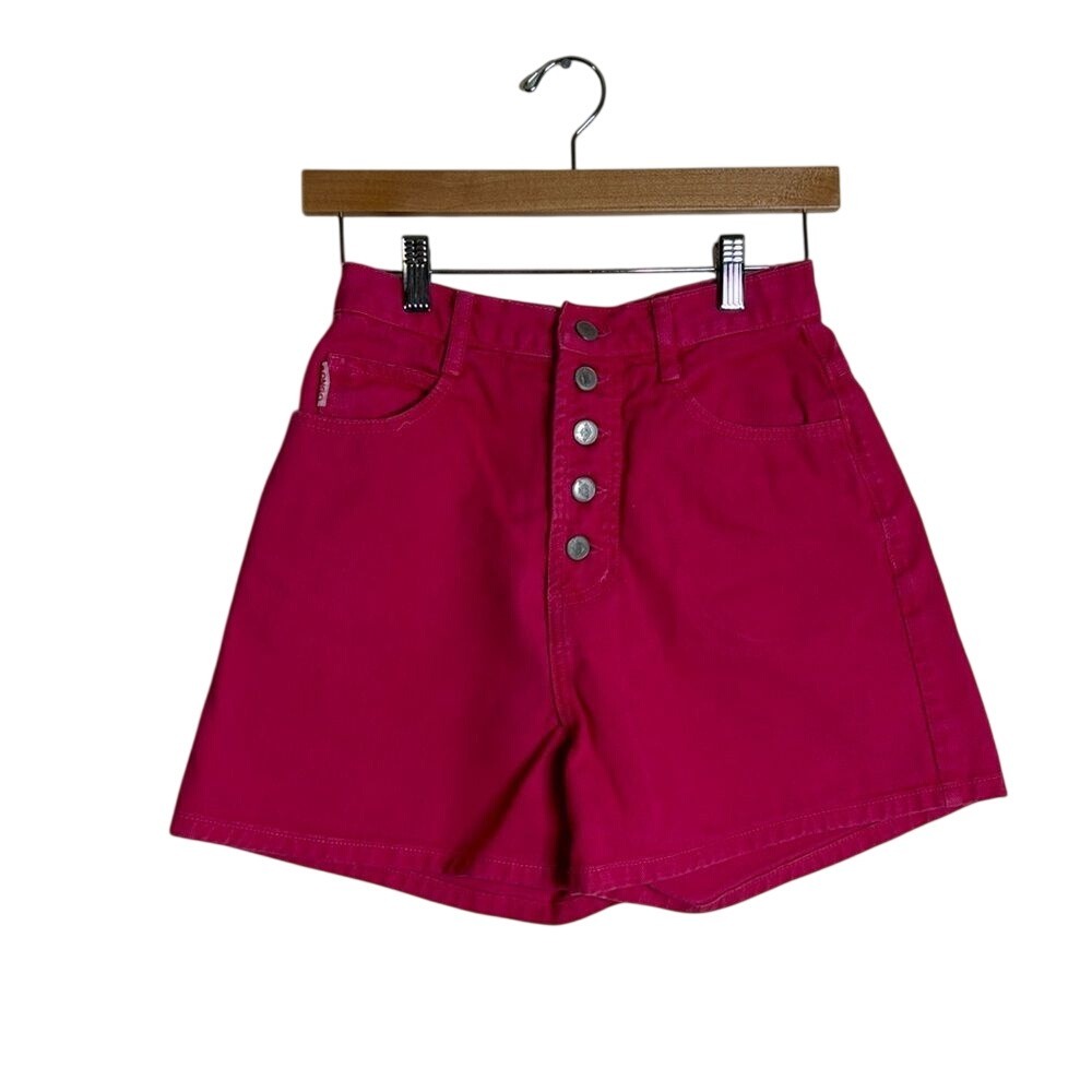 Vintage bongo button fly‎ pink denim jean shorts  big logo on back size 5